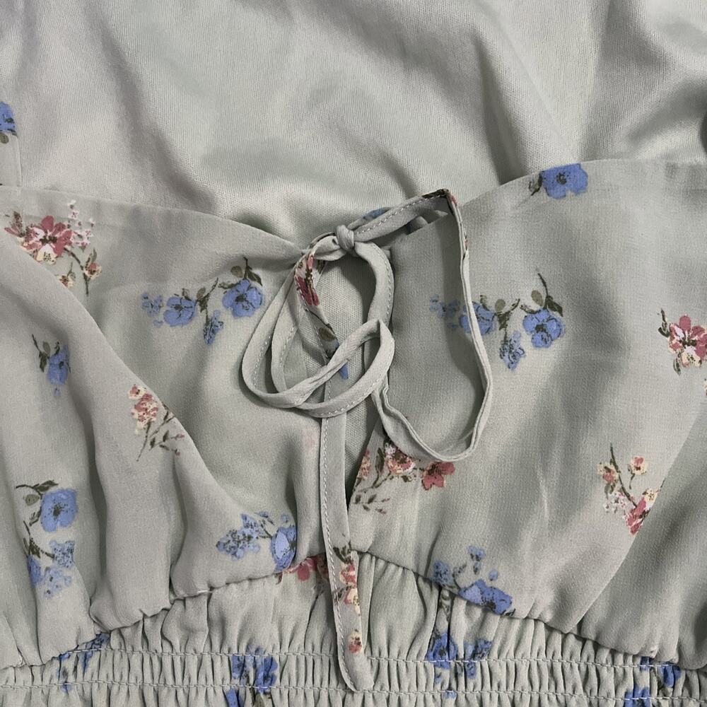 SO Mint Floral Ruched Crop Top Size L Green Cottagecore Puff Sleeve Fairy - Picture 6 of 13